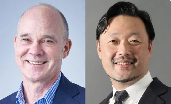 Two men in business attire, representing Leadership Changes at Universal Studios Japan, smile confidently at the camera against separate neutral backgrounds.